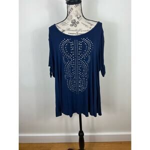 WestPort Blue and silver bedazzled short sleeve blouse with cutouts in arms